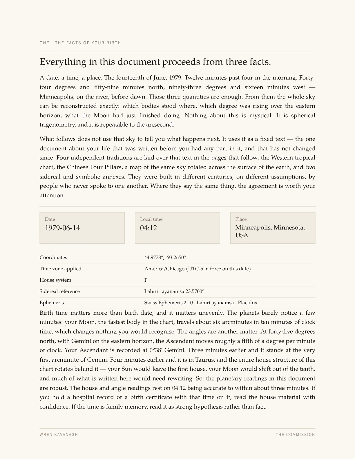A page headed “Everything in this document proceeds from three facts.” Three cards give the date 1979-06-14, the local time 04:12, and the place Minneapolis, Minnesota, USA. A table beneath lists the coordinates 44.9778°, -93.2650°, the time zone America/Chicago at UTC-5 in force on that date, the Placidus house system, the Lahiri sidereal reference with an ayanamsa of 23.5700°, and Swiss Ephemeris 2.10. A closing passage explains that the planetary readings are robust but the house and angle readings rest on the birth time being accurate to within about three minutes.